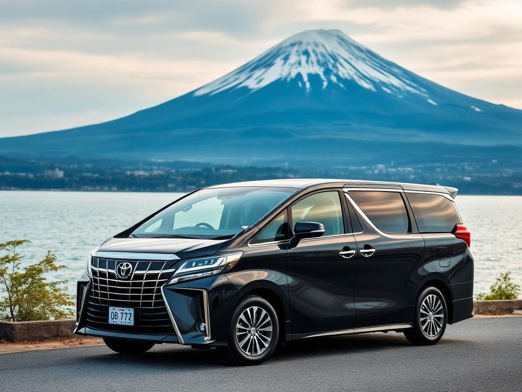 Premium private vehicle by a scenic lake with Mount Fuji